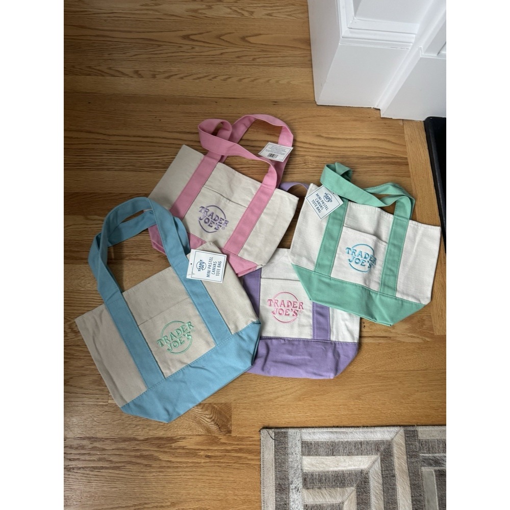 Trader Joe's Mini Pastel Canvas Tote Bag Set Of 4 Pink Blue Green Purple New - Picture 2 of 6